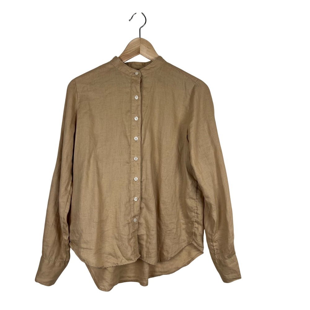 Ann Taylor Womens Tan 100% Linen‎ Band Collar Roll Tab Button Down Shirt XS Cost